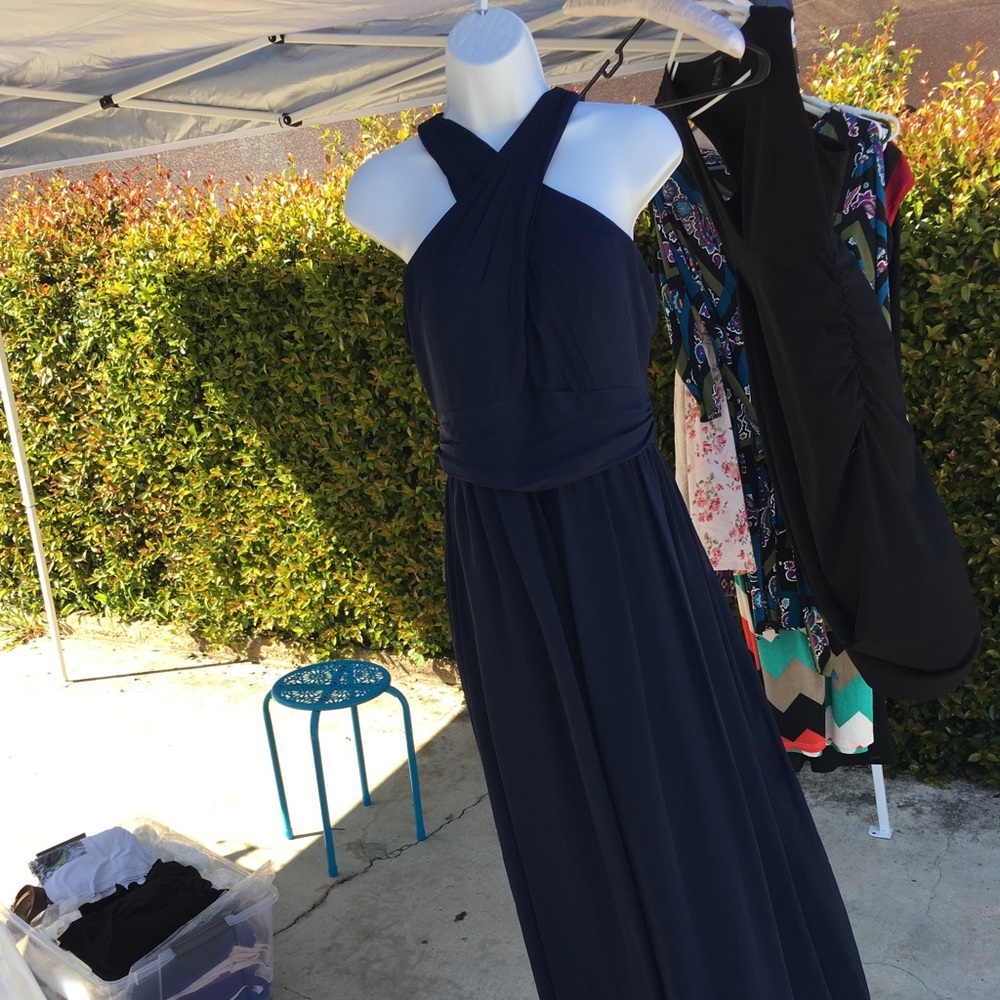 Navy blue chiffon halter long dress